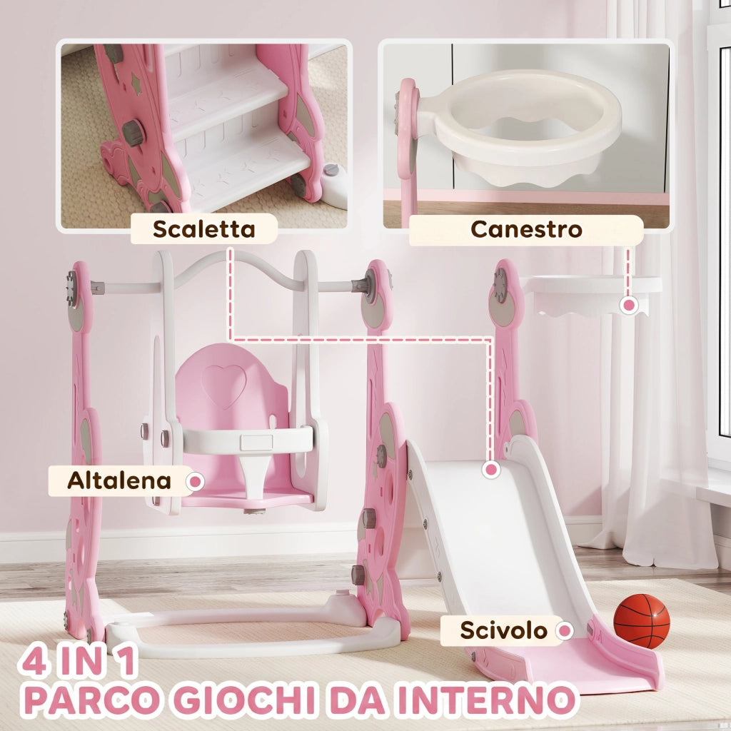 Scivolo per Bambini 4 in 1 con Altalena Scaletta da Arrampicata e Cestino da Basket in PP e PE Rosa