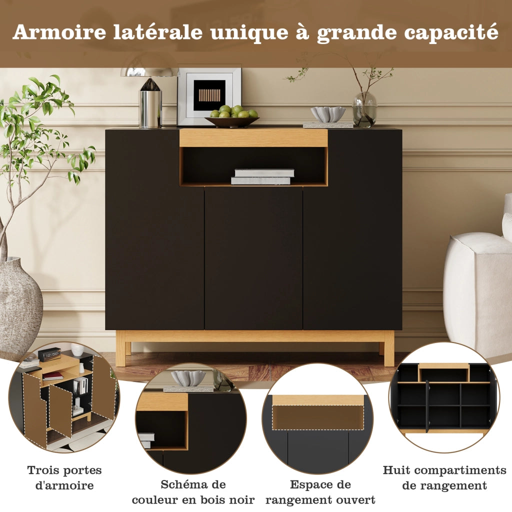 Madia con 3 Ante e 1 Vano aperto per Soggiorno e Sala da Pranzo in Pannelli di particelle Nero