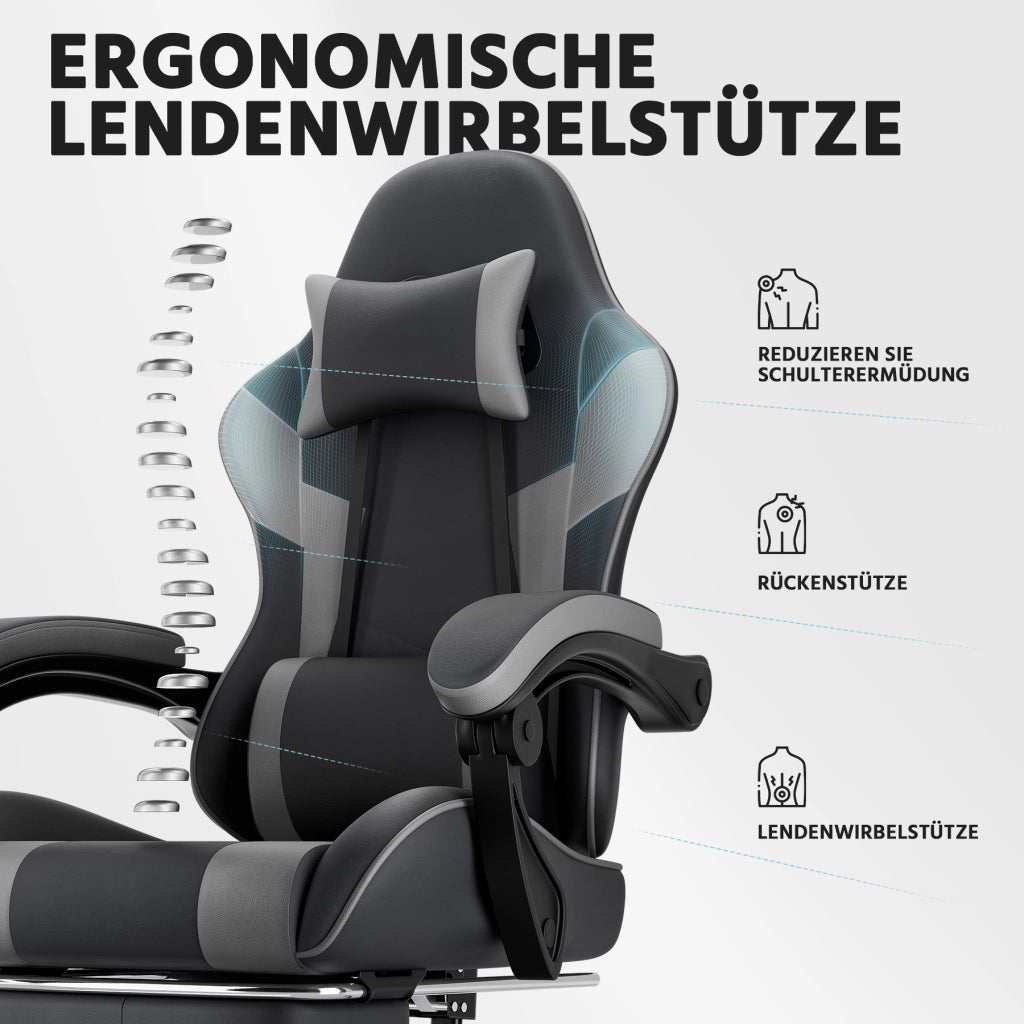 Sedia da ufficio gaming ergonomica con supporto lombare e poggiapiedi retrattile in PVC nero e grigio