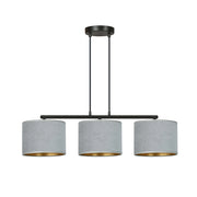 Lampadario 3 Luci Ganesha In Acciaio Nero E Paralumi In Tessuto Grigio