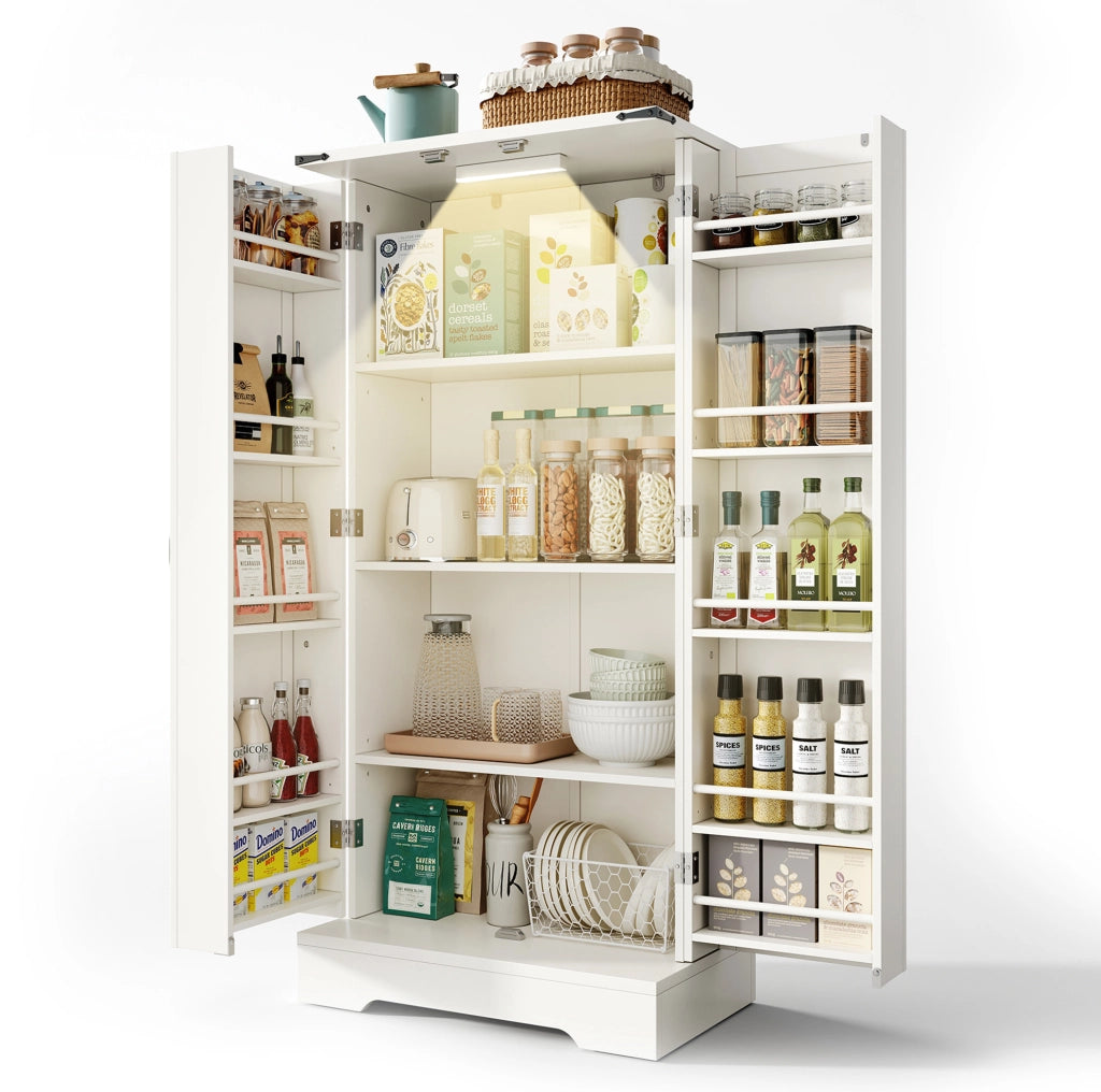 Credenza cucina 60x35x128.5 cm con illuminazione LED e ripiani regolabili in MDF bianco
