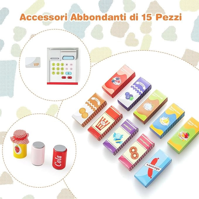 Negozio Alimentare per Bambini, Set di Giocattoli Supermercato in Legno con Cassa, Macchina POS, Distributore Automatico, Lavagna Scrivibile, per Bambini 3 - 8 Anni (Grigio)