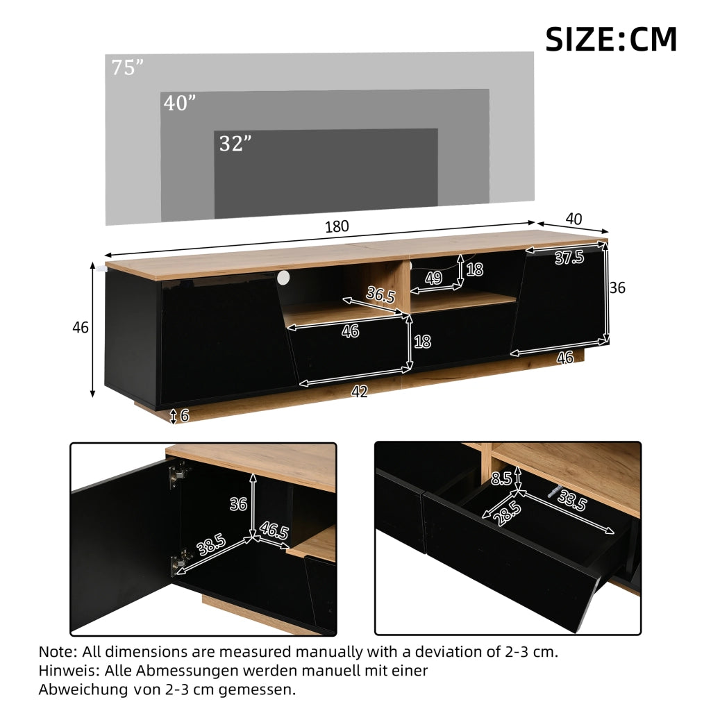 Mobile porta TV con LED 2 ante 2 cassetti e 2 vani semiaperti frontale lucido per soggiorno nero 180 × 40 × 46 cm