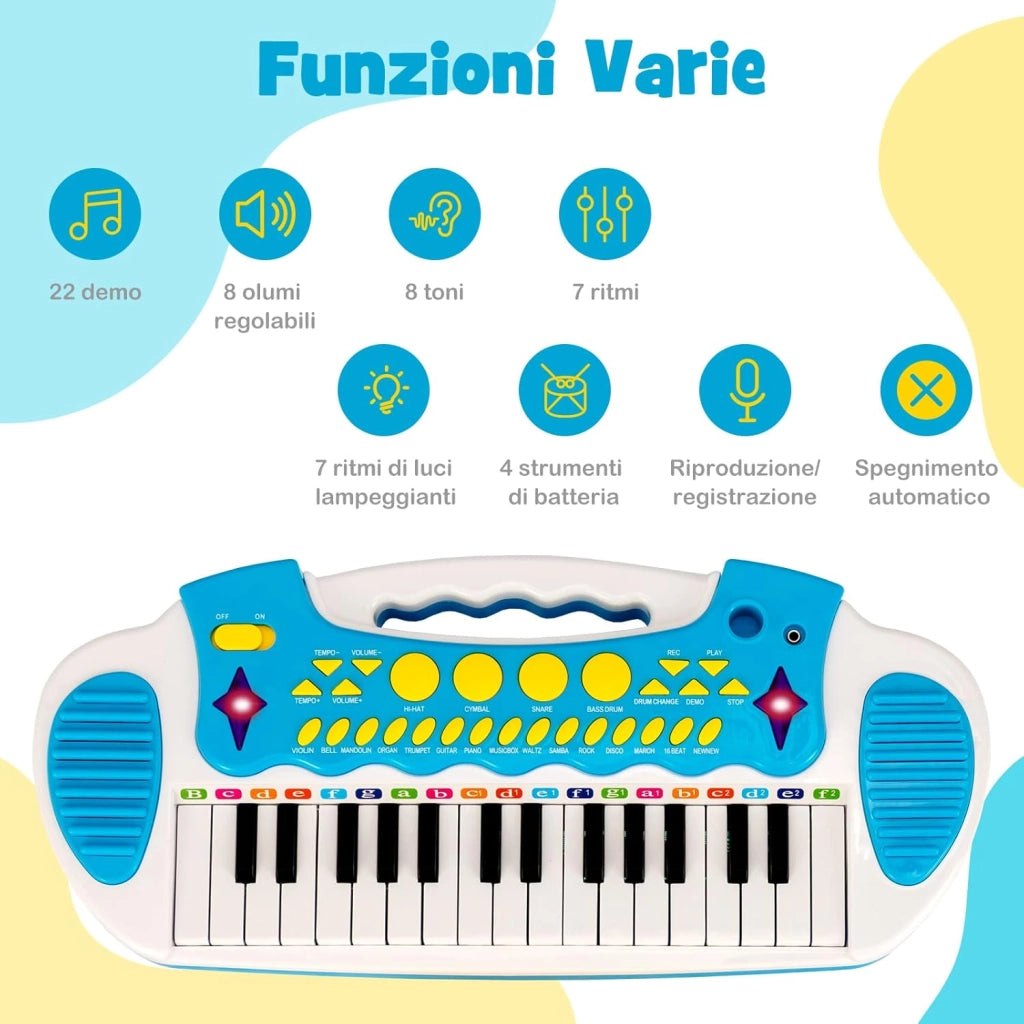 Tastiera Giocattolo a 31 Tasti, Pianoforte Digitale per Bambini, con Microfono Sgabello Luci, Funzioni di Record e Playback, Pianola Bambini con 22 Battiti/8 Toni/7 Ritmi, per 3+ Anni (Blu)