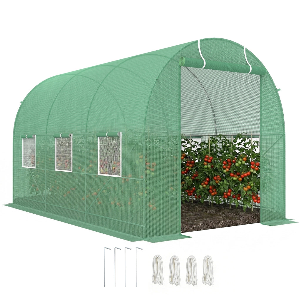 Serra per Orto a Tunnel 3.5x2x2m in PE e Metallo con 6 finestre e Porta Avvolgibile, Verde