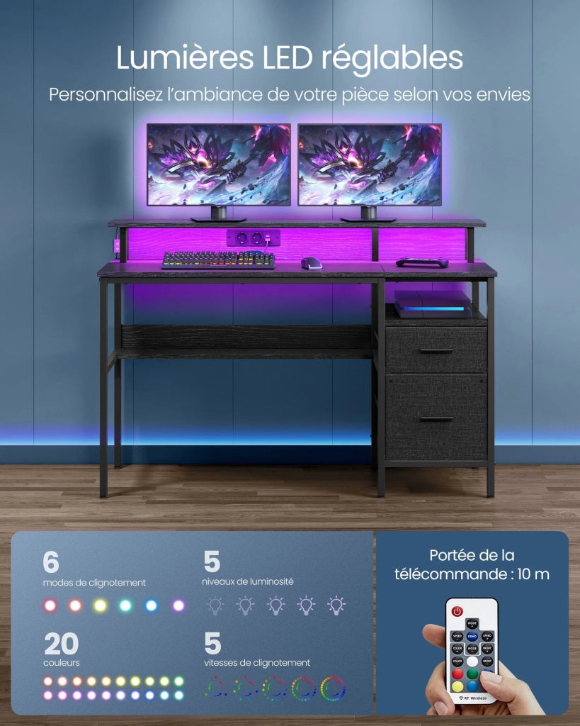 Scrivania da gaming con luci LED e multipresa 55 x 135 x 90 cm scrivania per computer con supporto per monitor tavolo portaoggetti con 2 cassetti 2 porte USB nero 12_0004636