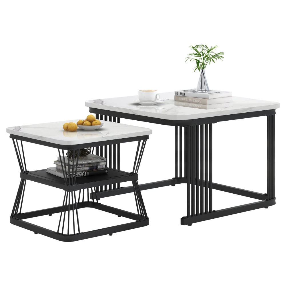 Set di 2 tavolini da salotto moderni in MDF effetto marmo; struttura in acciaio nero; bianco