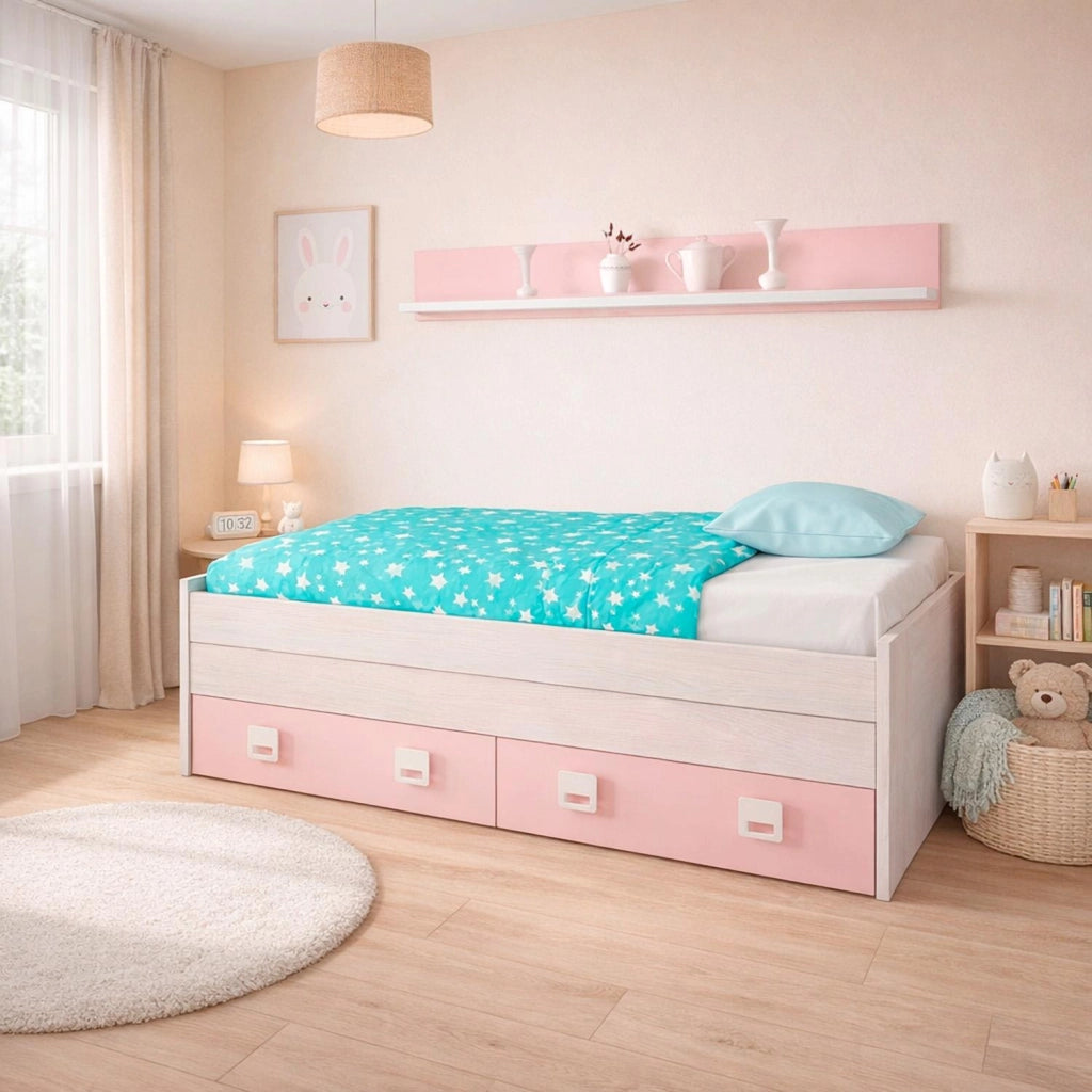 Letto Per Cameretta Con Letto Estraibile Due Cassetti E Mensola Contenitore Salvaspazio Per Bambini E Ragazzi Stile Moderno 65 x 199 x 96 Cm Bianco Alpi E Rosa