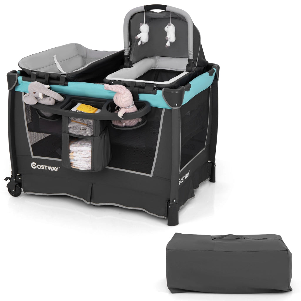 Lettino viaggio 5 in 1 pieghevole culla removibile fasciatoio materasso-Box bambini ripiano portaoggetti ruote bloccabili neonati Verde