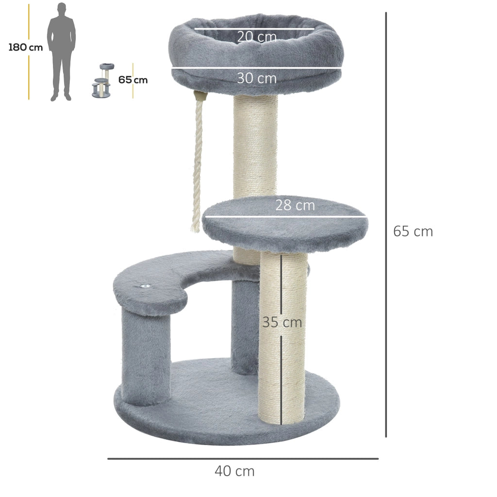 Albero Tiragraffi Gatti a 3 Livelli in Peluche Sisal Naturale Grigio Ø40x65 cm