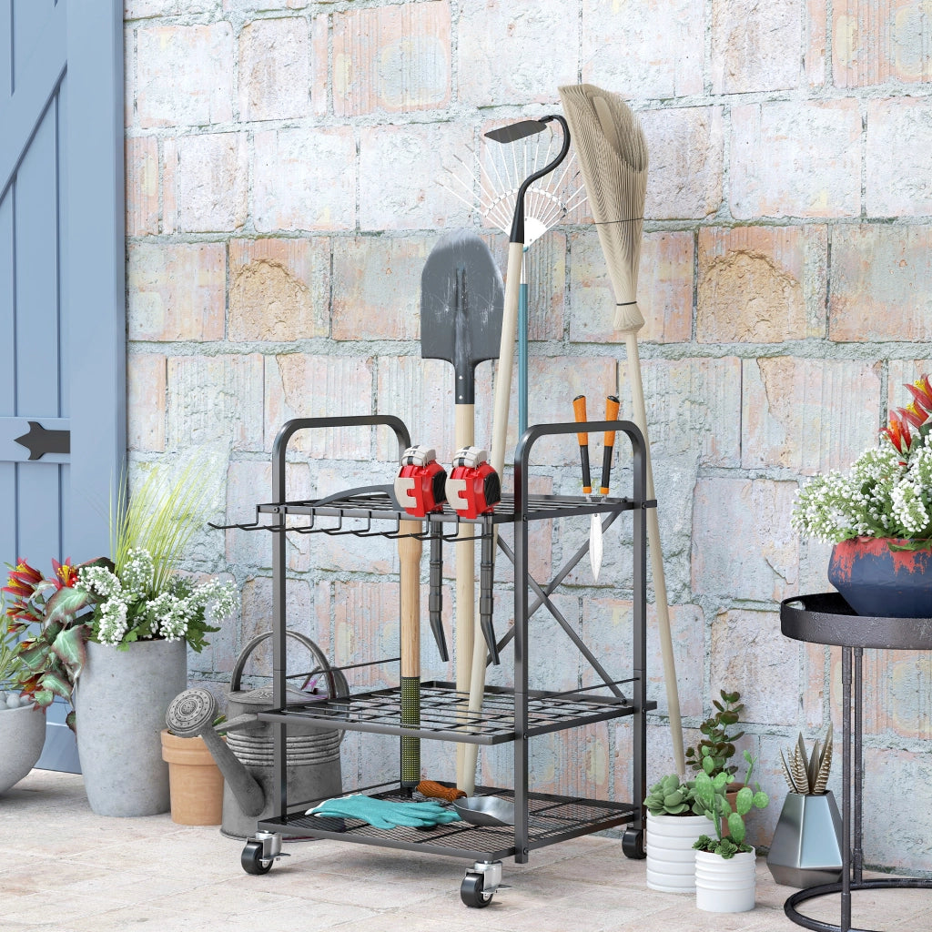 Organizzatore per attrezzi da giardino 40 scomparti 2 livelli con ruote ¨C zephmum ¨C 57x48x70 cm nero