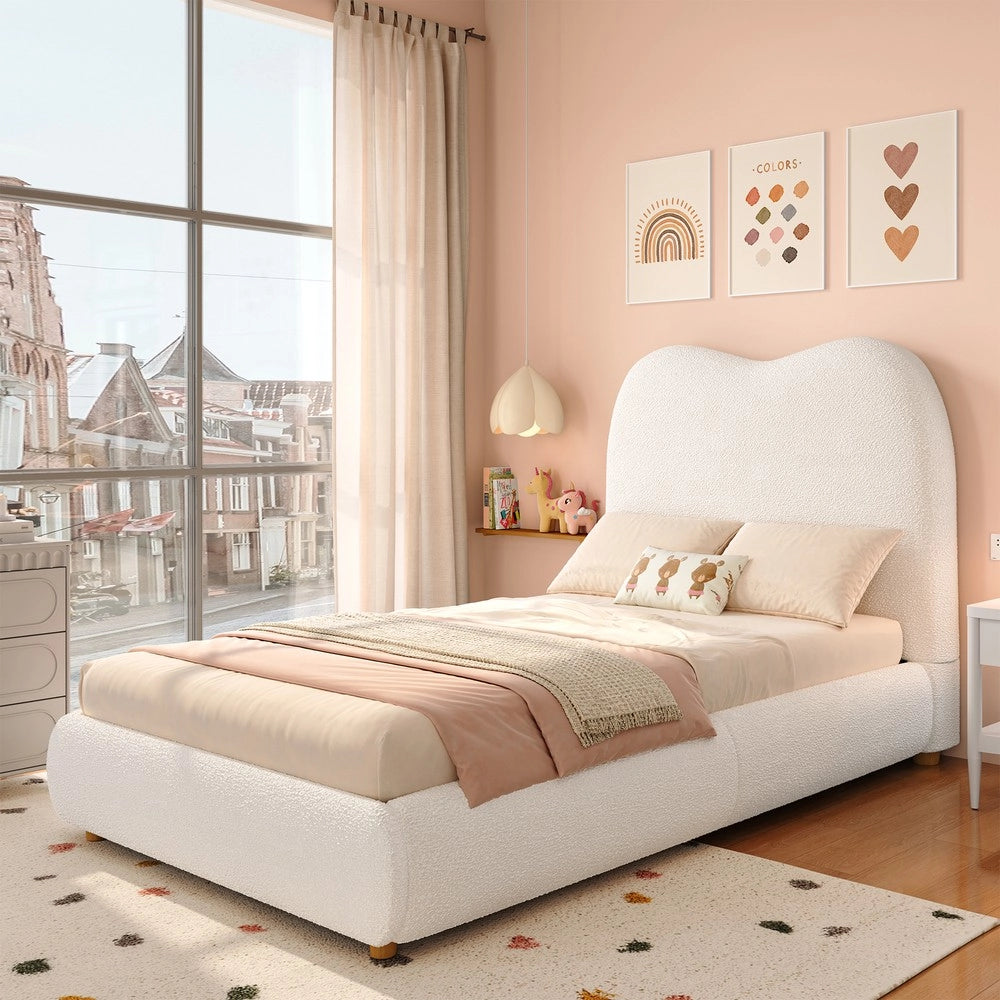 Letto Contenitore Singolo Imbottito ¨C MINIMAL ¨C Boucl¨¦ Beige 90x200 con Rete e Testiera