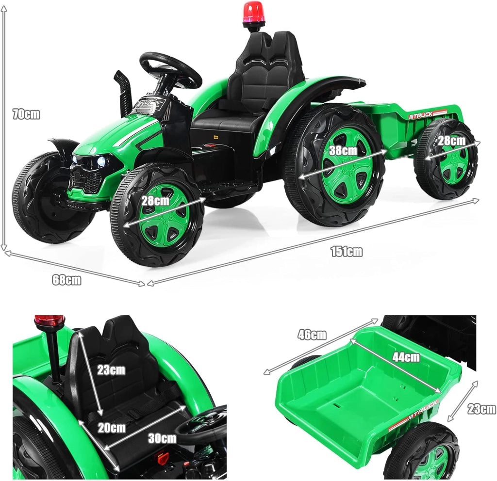 Trattore Elettrico per Bambini con Rimorchio, 2 in 1 Go Kart e Trattore per Bambini 3-8 Anni, con Telecomando e Cintura di Sicurezza a 2 Punti (Verde)