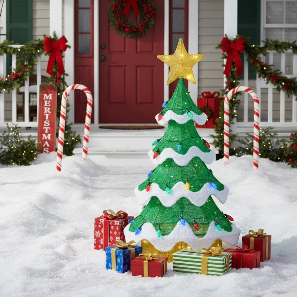 Albero 3D in rete esterni e interni con 34 luci colorate a forma di fragola, Albero di natale illuminato 130 cm