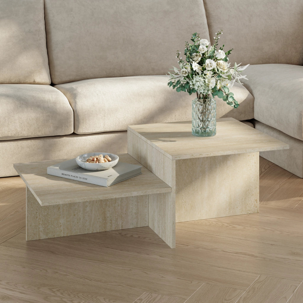 Tavolino da Salotto Taniena a Doppio Livello 100x55x35 cm Color Avorio Travertin [en.casa]