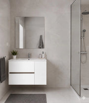Mobile Bagno HEIMDALL Già Montato 2 cassetti e porta, lavabo e specchio Bianco lucido 60x45 cm