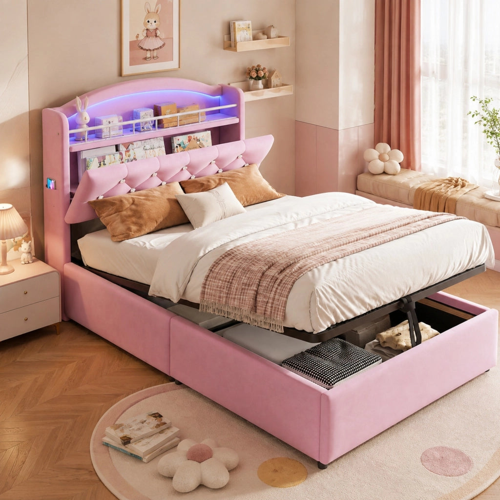 Letto imbottito per bambini 90x200 cm con contenitore; LED; USB e portaoggetti; rosa