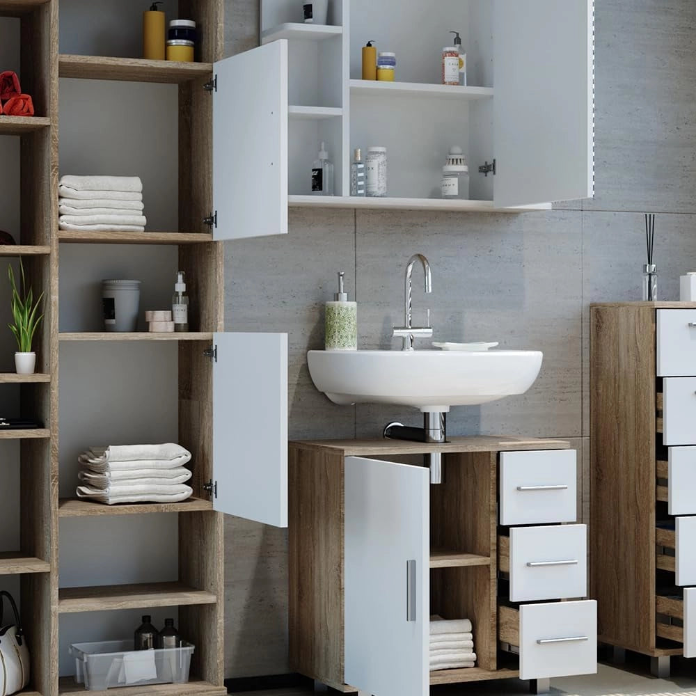 Set mobili bagno Ilias, Sonoma, 60 cm, composto da mobile lavabo, pensile a specchio, colonna e base media