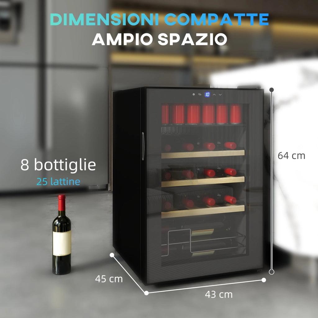 Cantinetta Frigorifero per Vino da 53L con Ripiani Regolabili per 12 Bottiglie e 25 Lattine 43x45x64 cm Nero