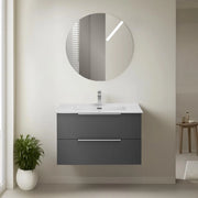 Mobile bagno sospeso 80 cm grigio cannettato con lavabo e specchio tondo Zena