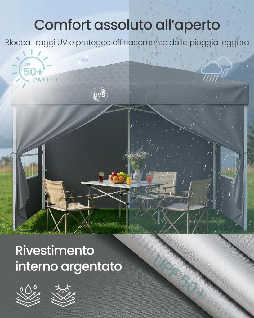 SONGMICS Gazebo, Tendone Pieghevole, Protezione Solare, Resistente alla Pioggia Leggera, Portatile, con Pareti Laterali, per Cortile, Giardino, Mercato, 3 x 3 m, Grigio Scuro GCT104GZ01