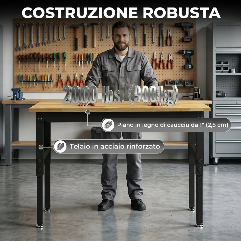 Banco da Lavoro in Legno e Acciaio Altezza Regolabile. 2 Prese AC. Capacit¨¤ 900 kg. Color Legno e Nero