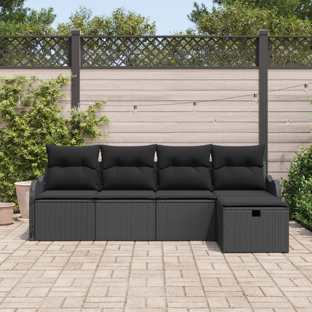 Set di Divano da Giardino a 5 Pezzi con Cuscini in Rattan Nero