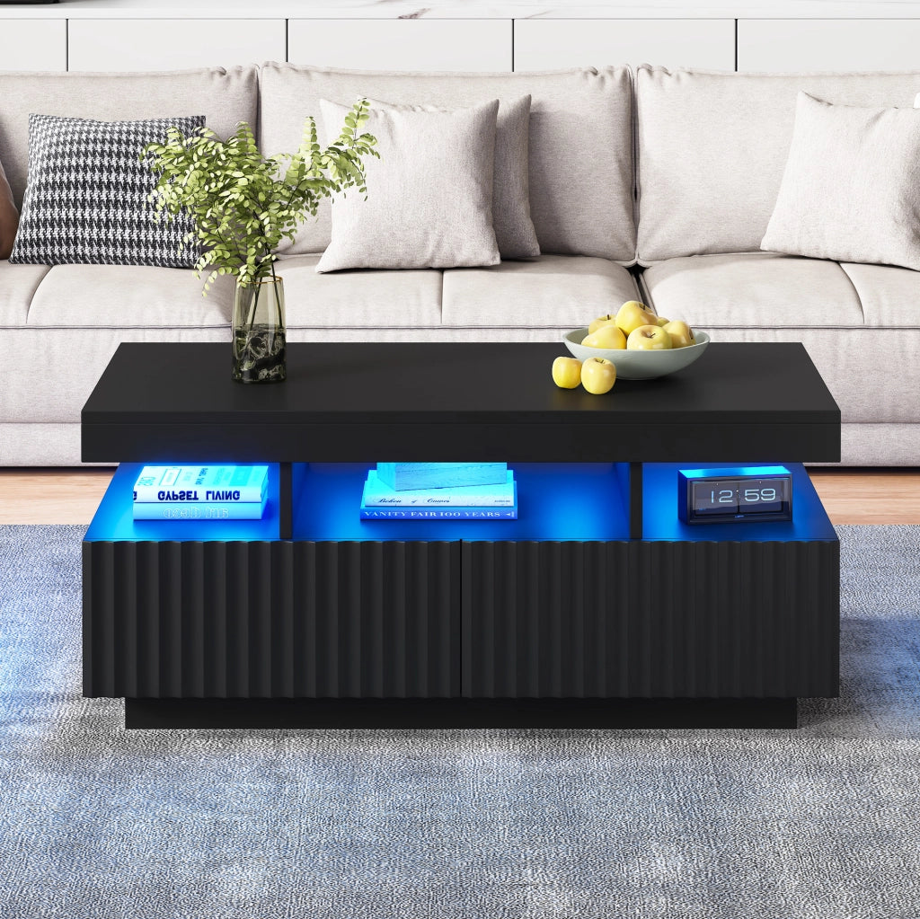 Tavolino da caffè 100 x 50 x 45 cm con 2 cassetti; LED e finitura nera in truciolare