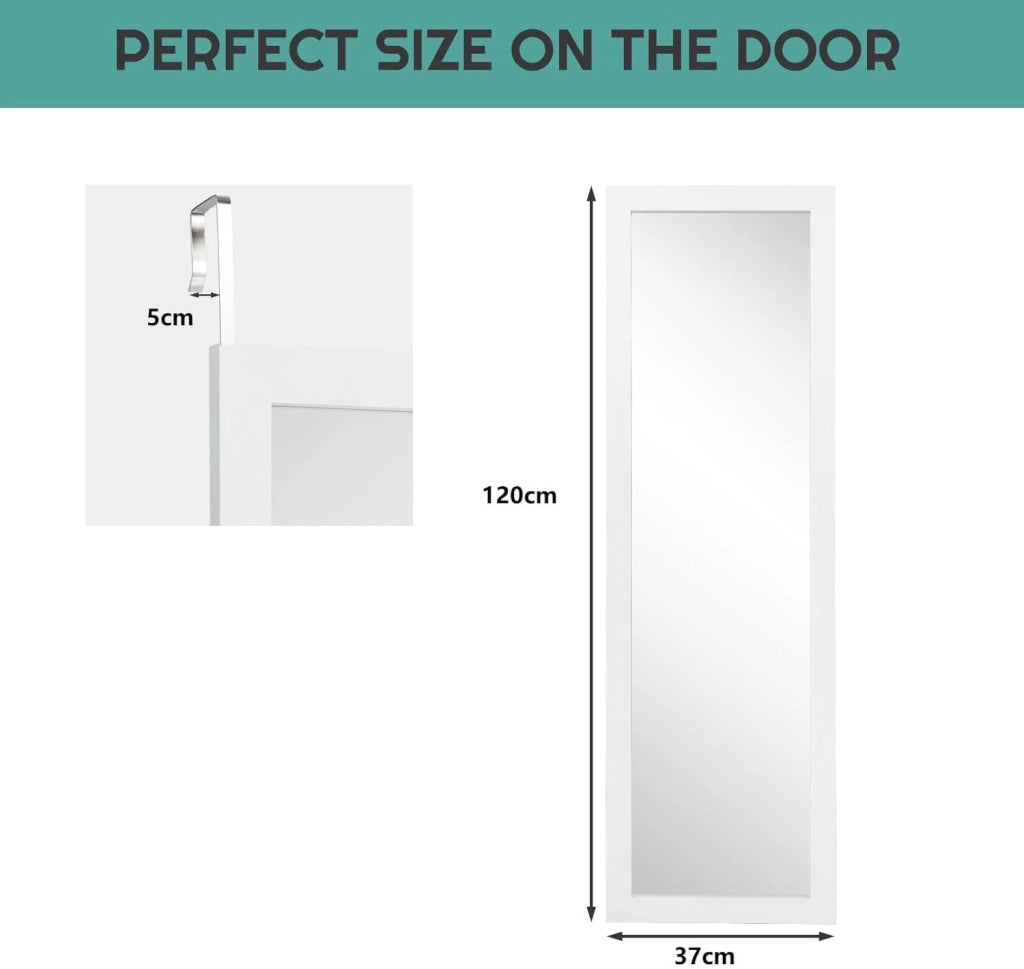Grande Specchio Sospeso, Specchia a Figura Intera, Specchia per Cornice di Porta, da Parete, con 2 Ganci, 120 x 37 x 1,6 cm (Bianco)