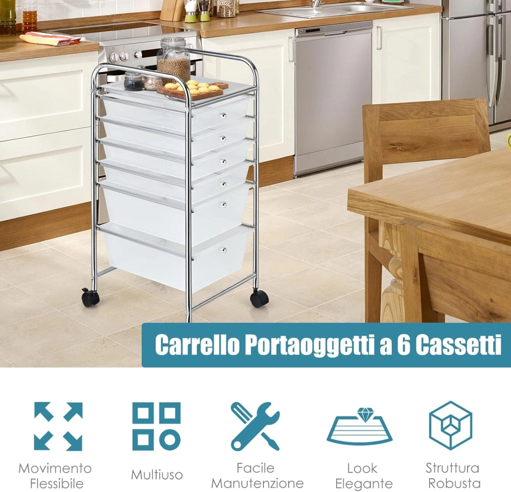 Carrello con 6 Cassetti e Ruote, Cassettiera in Plastica, con Due Dimensioni di Cassetti, Contenitore Multiuso per Casa Bagno e Ufficio, 37 x 74 x 32cm (Trasparente)
