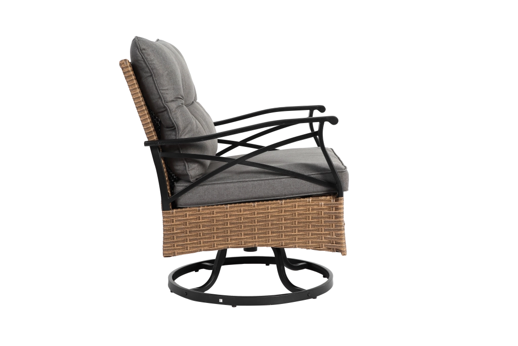 Set lounge da giardino a 3 pezzi con 1 tavolino e 2 poltrone a dondolo girevoli in acciaio e rattan sintetico marrone grigio