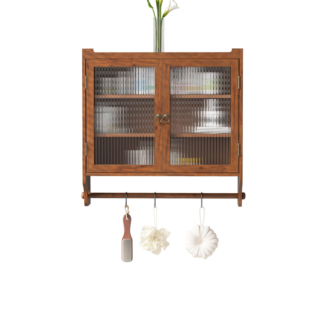 OKWISH Pensile da Parete con 2 Ante in Vetro, 3 Ripiani e Portaasciugamani, per Bagno o Cucina, 63 x 18 x 60 cm