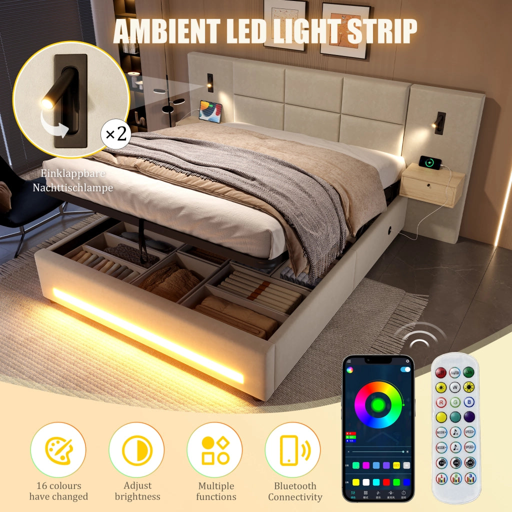 LETTO Contenitore 160x200 cm in velluto beige con testiera ampia, LED e USB-C