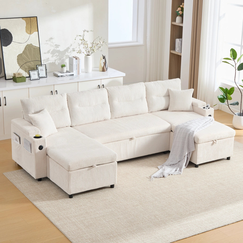 DIVANO 4 posti con doppia chaise longue 272x136x86 cm in corduroy beige