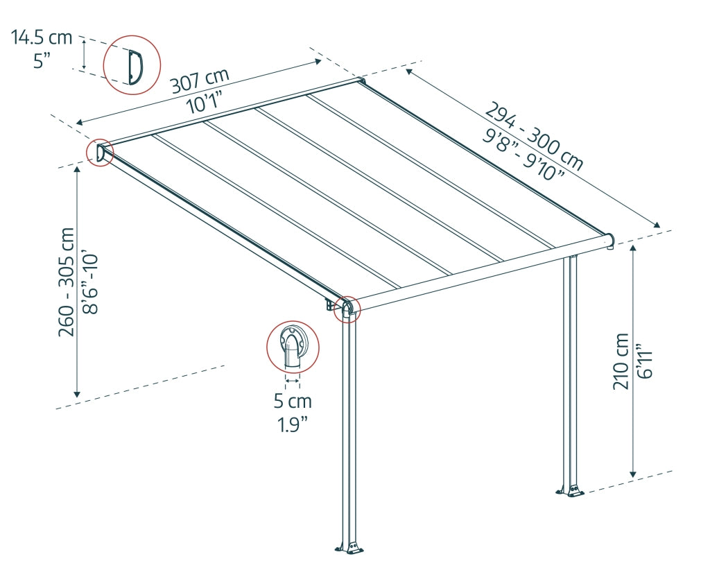 Canopia Olympia Pergola Addossata  in Alluminio 3X3 m Grigio
