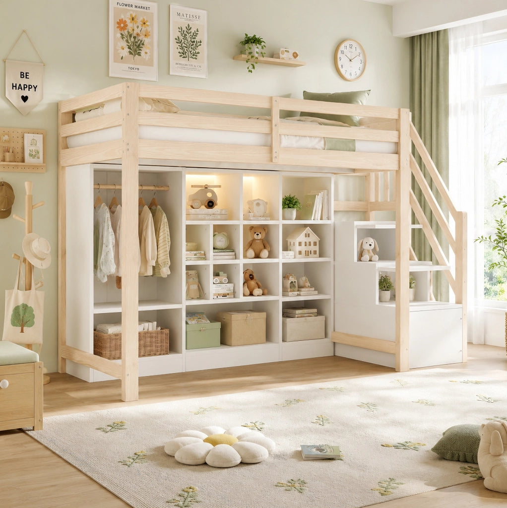 Hochbett 90x200 cm in legno con contenitore; LED integrata e scala laterale; bianco e naturale