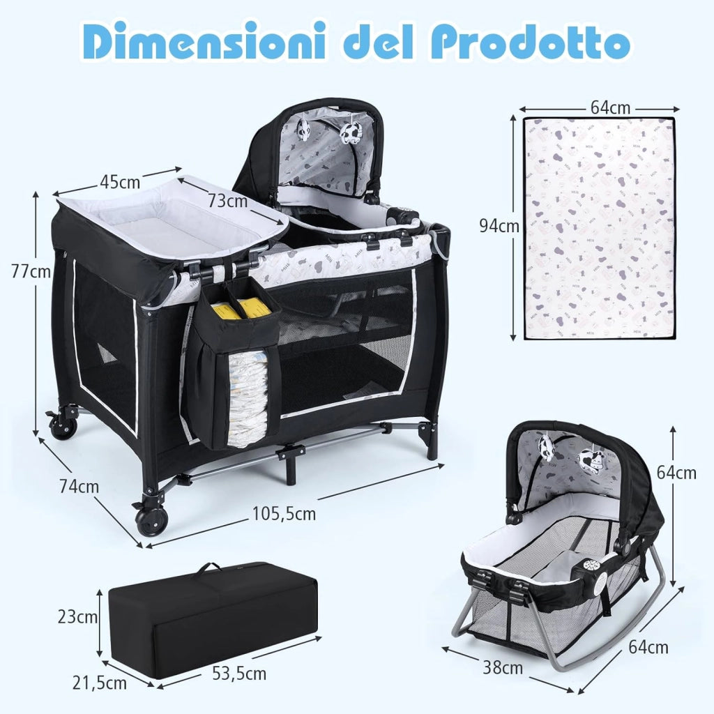 Culla Campeggio Bambini 5 in 1, Lettino Viaggio Neonati Pieghevole con Materasso, Fasciatoio e Tettoia, Box Portatile con Ruote, 2 Giocattoli Appesi e Carillon, per Bambini 0-3 Anni (Bianco)