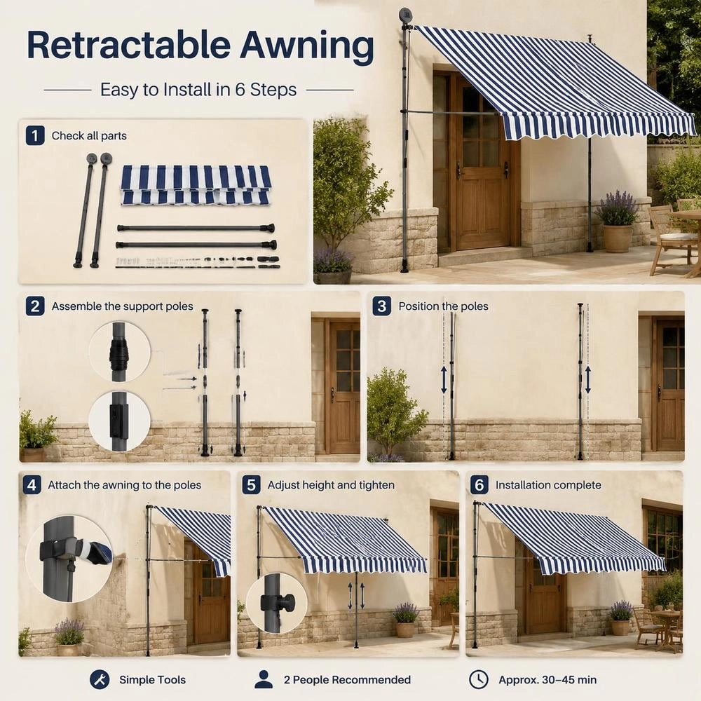 Retractable Awning, Manually Operated, With LED, 300 Cm, Blue And White