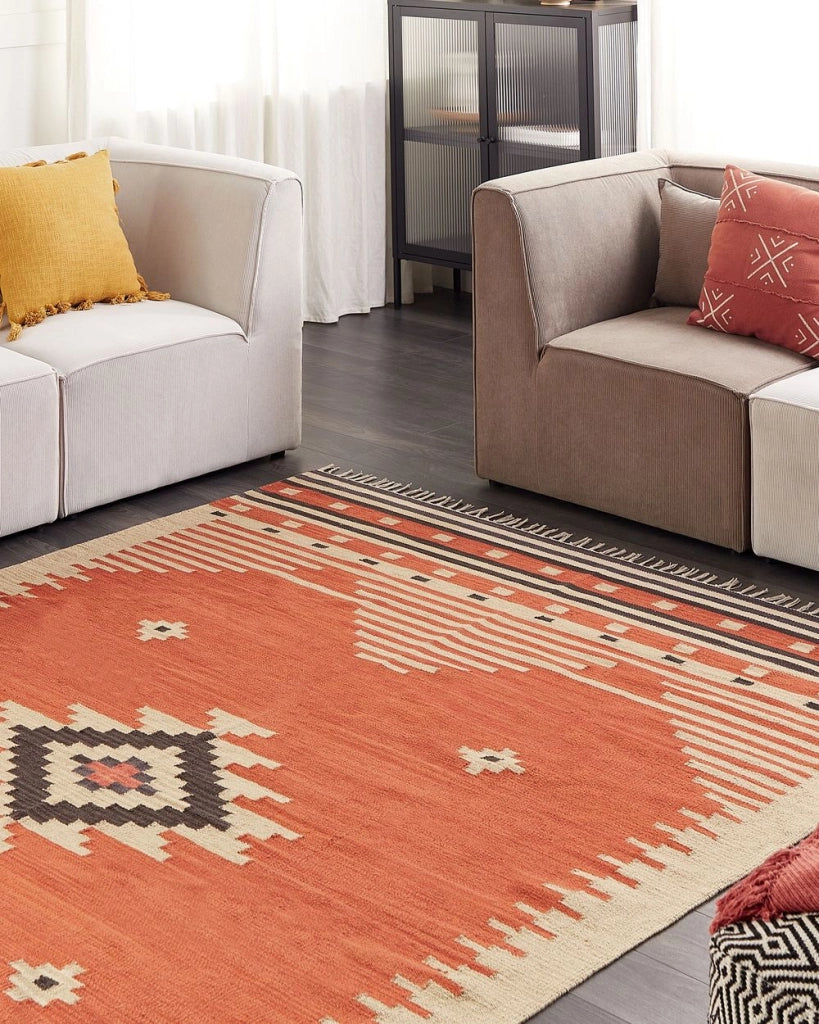 Tappeto Kilim in cotone multicolore 200 x 300 cm con motivo geometrico reversibile e frange Rettangolare Tradizionale