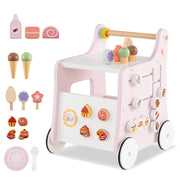 Carrello primi passi in legno con spazio di archiviazione, Carrello primi passi di dolci con gelati Rosa