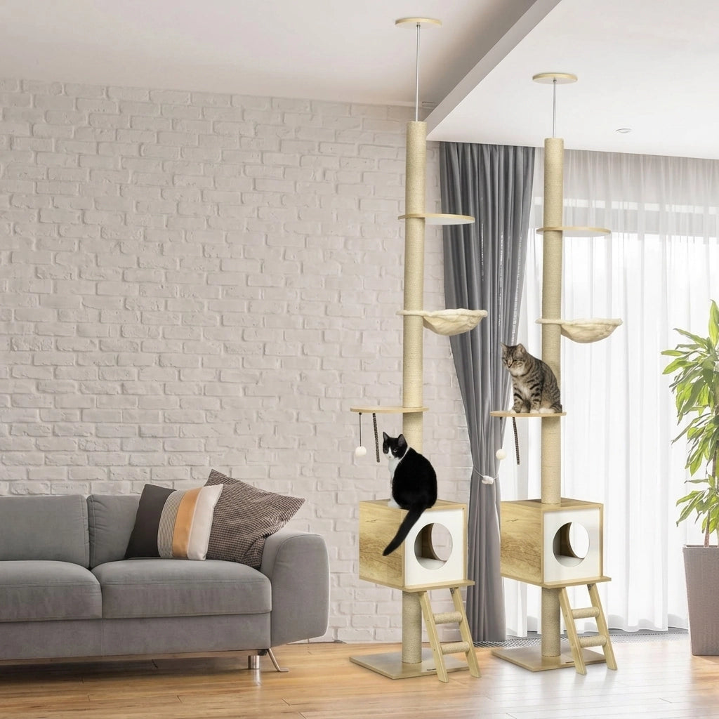 Albero Tiragraffi da Soffitto 240-260 cm con Amaca e Cuccia; Beige e Marrone Chiaro; 40x40 cm