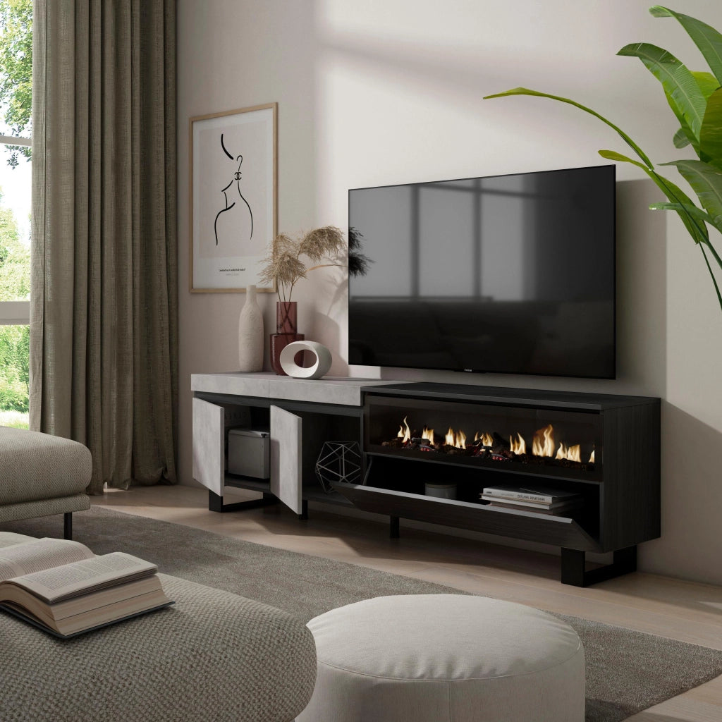 Mobile TV, 200x35x57cm, soggiorno, Per TV fino a 80", Camino elettrico, Design industriale, grigio cemento RF2248