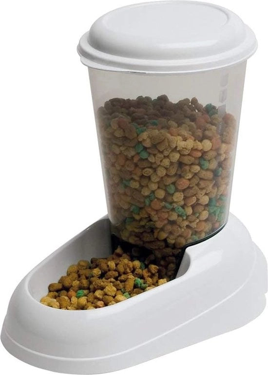 Dispensatore di cibo secco per cani e gatti 3 litri - Automa di alimentazione pratica per cibo e biscotti - Tanca trasparente con coperchio - Fondino antiscivolo - 202 x 292 h 288 cm - Bianco