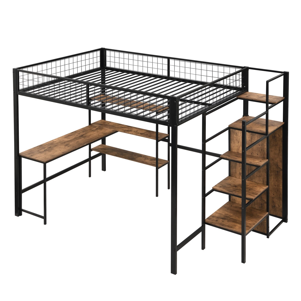 Letto a Soppalco 140 x 200 cm; Letto Matrimoniale con Scrivania; Scaffali e Armadio; senza Materasso
