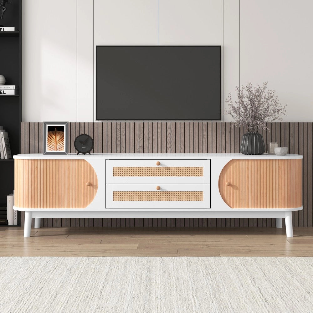 Mobile TV in Legno con Ante e Cassetti, Lati in Rattan ¨C Xylo ¨C Stile Country Naturale