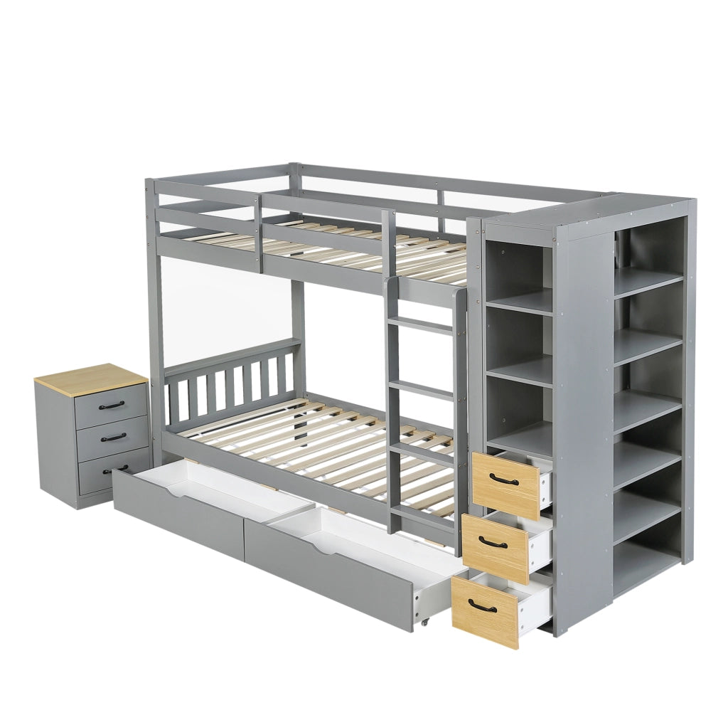 Letto a castello ULEVR 90x200 cm con 2 cassetti, scaffale laterale e comodino libero, grigio chiaro e naturale