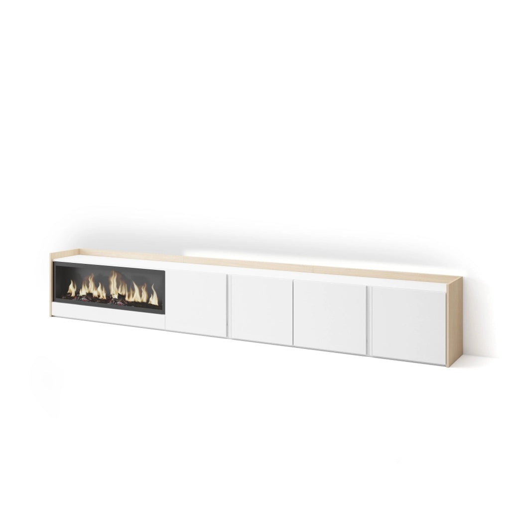 Mobile TV Soggiorno, 315x50x35 cm, Per TV fino a 80", Camino elettrico XXL, LED, Bianco e Rovere soft