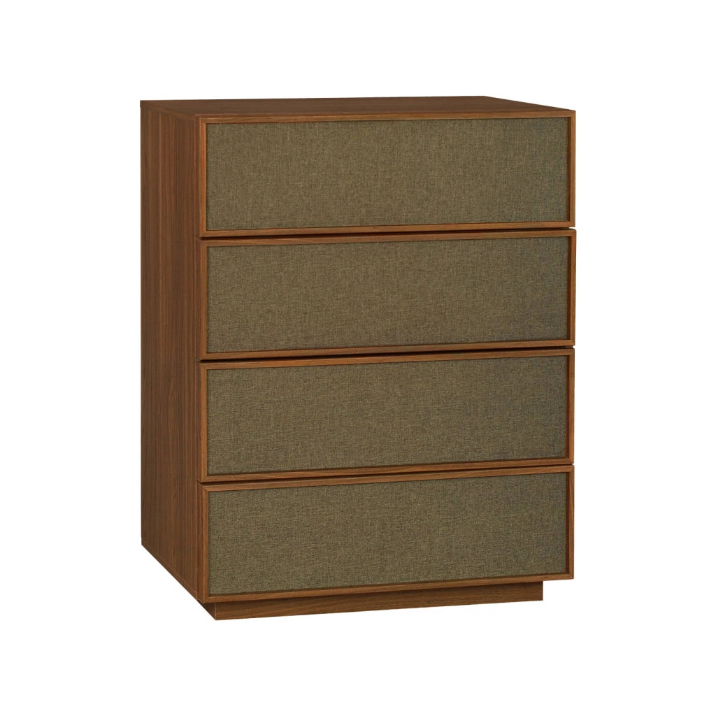 Cassettiera decorativa in legno e tessuto con 4 cassetti, noce