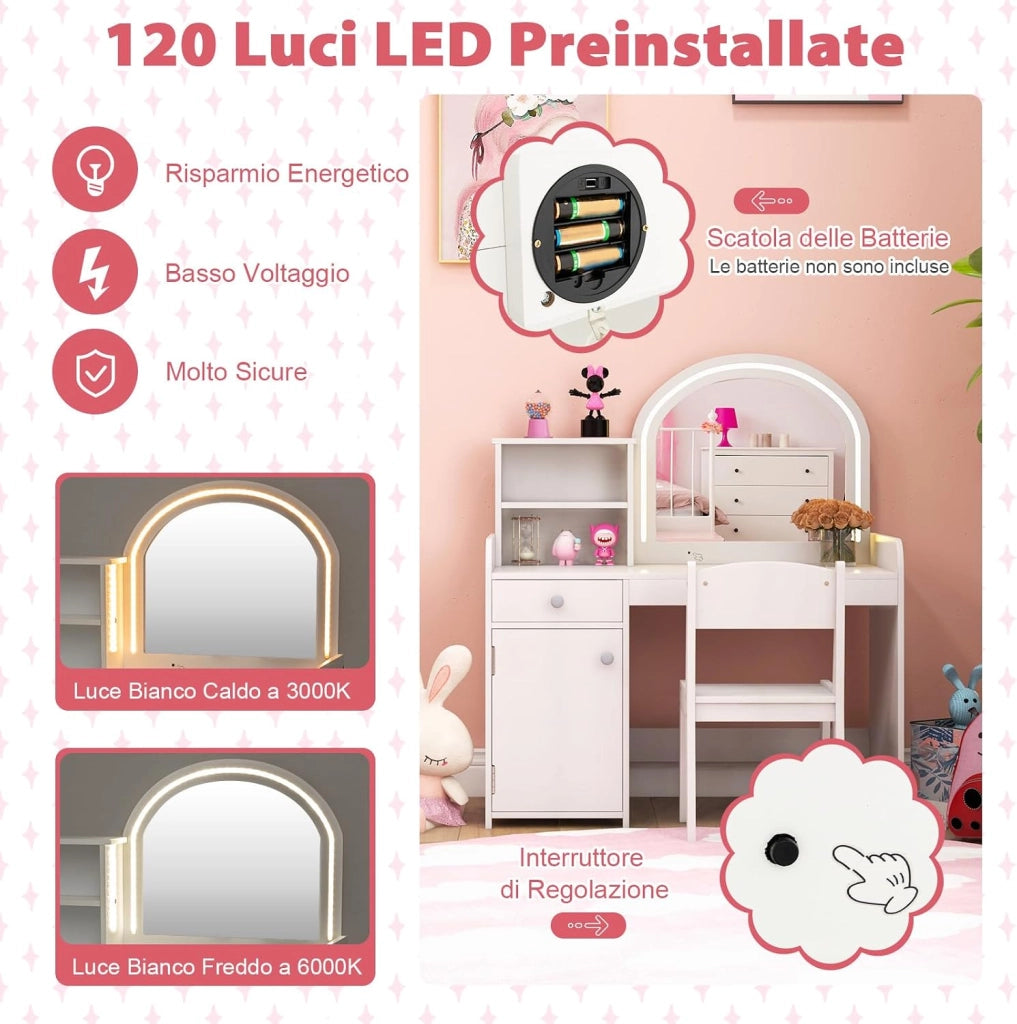 Toeletta Trucco 2 in 1 per Bambina, Specchiera per Ragazza in Legno con Mensole, Cassetto, Ripiani e Luci LED Regolabile, Postazione Trucco per 3 Anni, 80 x 40 x 94 cm (Bianco)