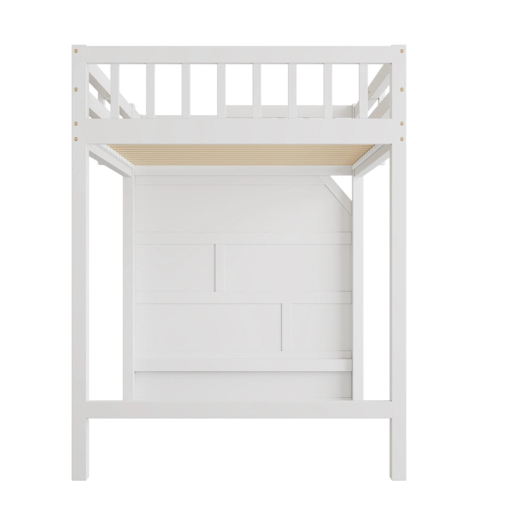 Letto a soppalco per bambini 90x200 cm con rete a doghe; scala contenitore e barriera; bianco